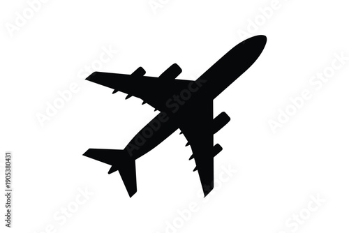 Silhouette of large commercial airplane flying isolated on white background representing aviation and travel