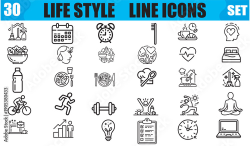 Lifestyle line icons collection covering daily habits and health eps 10