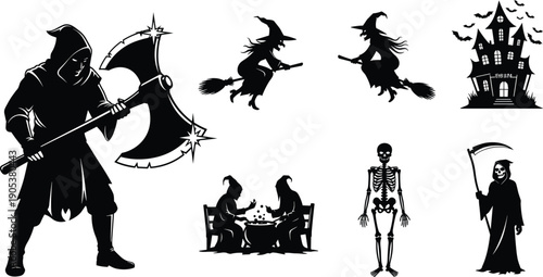 Halloween Horror Characters Silhouette Set, Axe Man Witch Skeleton Cauldron, Vector Graphic Design.