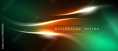 Abstract gradient background. Smooth lines create dynamic flow. Dark shades transition into vibrant orange, green hues. Modern design element.