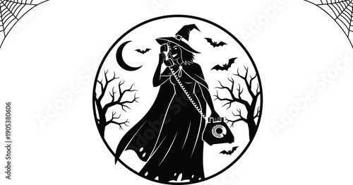 Hooded Warrior Silhouette Holding Crossbow and Sword, Dark Fantasy Character Vector Graphic