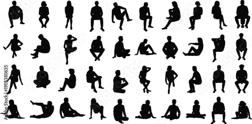 Large collection of diverse seated silhouettes showing casual, relaxed and thoughtful sitting poses for creative artwork, concept design, vector illustration