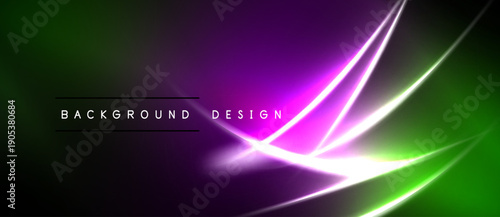 Abstract neon lines over dark gradient. Green, purple hues dominate composition. Text reads background design. Modern visual element.
