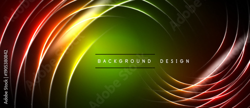 Dynamic swirling lines create vibrant gradient effect. Bright neon colors blend into dark background. Modern design element.