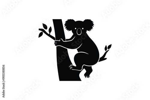 Silhouette koala with white eyes and nose climbing up tree branch with leaves on white background