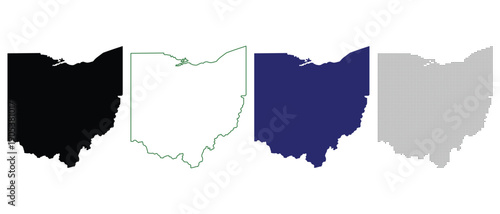 Ohio State Map Silhouettes Isolated on White Background, Various Styles