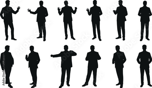 Professional businessman silhouette collection showcasing confident poses, corporate gestures and modern office attire ideal for presentations, creative projects and vector design illustrations