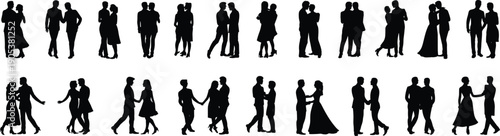 Romantic couple silhouettes featuring walking, dancing and holding poses for love, relationship, wedding and lifestyle concepts in creative vector illustration design