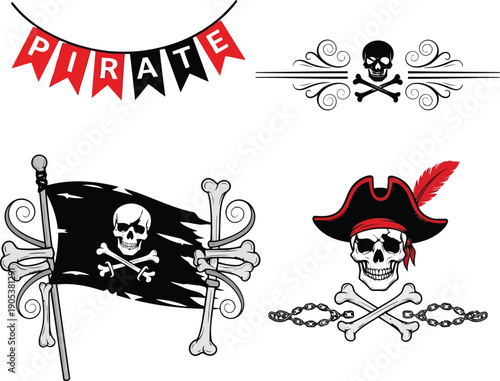 Stylish Pirate Themed Graphics: Skulls, Flags, and Banners for Adventurous Designs