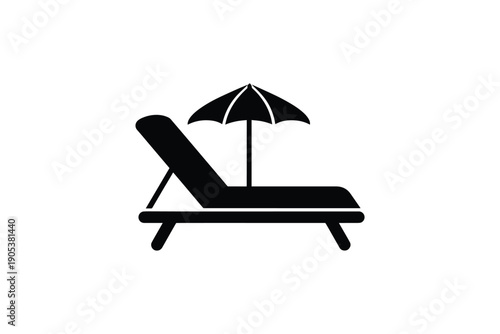 Black silhouette of a beach chair with an open umbrella on a clear white background
