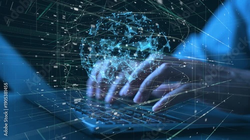 Wallpaper Mural global digital hologram network businessman hands typing on a laptop with a glowing virtual. Future technology concept featuring artificial intelligence, big data analytics Torontodigital.ca