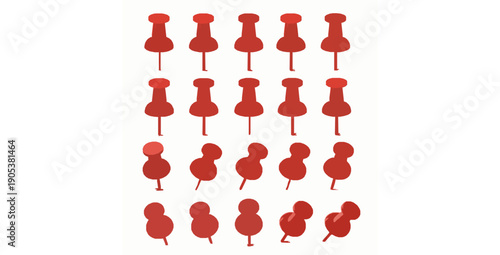 Red pushpin top view realistic 3D vector thumbtack icon set