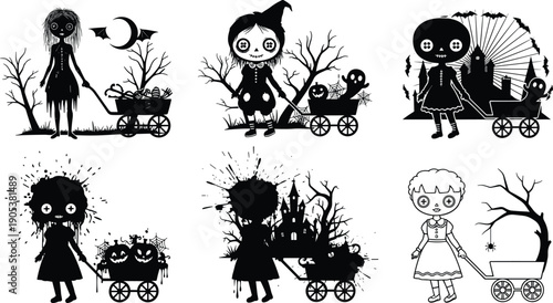 Set of Creepy Doll Girl Silhouettes with Pumpkin and Wagon, Halloween Vector Graphics