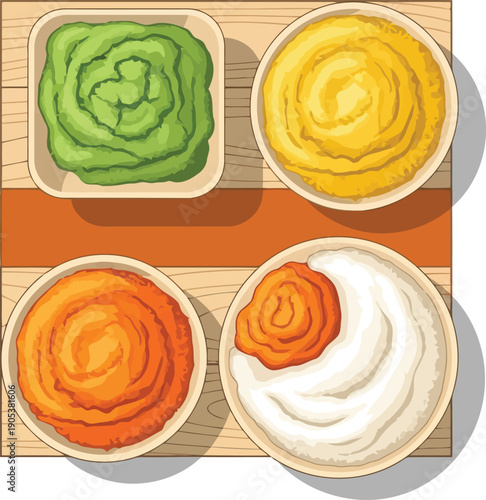 Vibrant Assortment of Colorful Dips and Spreads on Wooden Platter