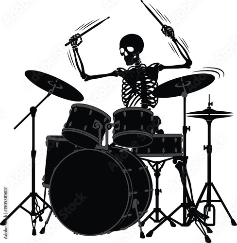 Skeleton Drummer Playing Drum Set Silhouette, Rock Music Halloween Concept Vector