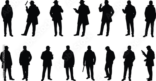 Detective noir silhouette collection, men wearing coats hats holding guns phones, mystery crime investigation concept, black flat vector illustration, isolated