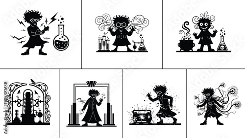 Set of Mad Scientist Silhouettes with Flasks and Beakers, Evil Genius Vector Icons