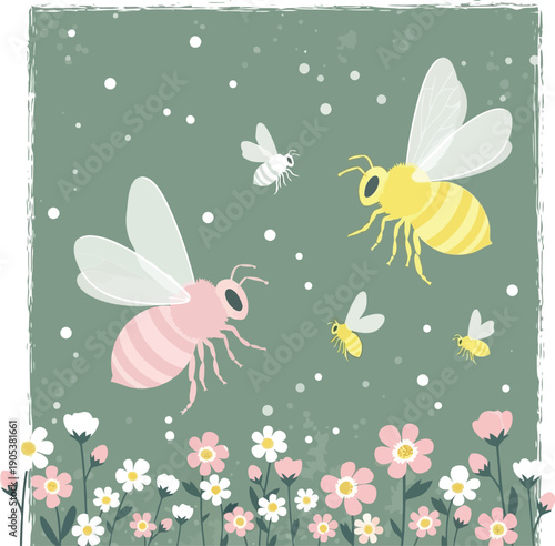 Whimsical Bees and Colorful Flowers in a Charming Nature Illustration