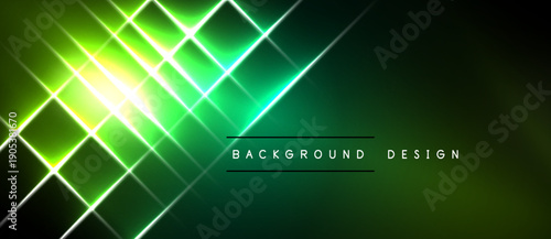 Abstract geometric pattern. Bright neon lines intersect, creating dynamic visual effect. Dark background enhances glowing green hues.