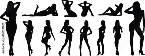 Stylish female silhouette collection featuring elegant standing and reclining model poses for fashion, beauty, illustration, advertising, and creative digital design projects