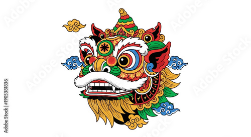 Vibrant illustration of a lion dance head in traditional Chinese art style for Lunar New Year or Spring Festival celebrations with red and colorful designs on a white background.