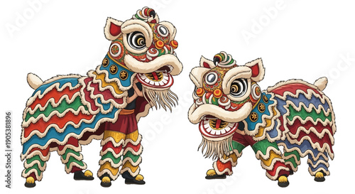 Vibrant lion dance characters performing in a traditional Chinese setting with colorful costumes and lanterns on Day 5 of the Lunar New Year festival.