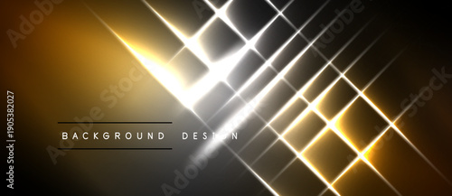 Abstract background features bright lines, gradients. Gold, white hues create dynamic visual effect. Modern design element.
