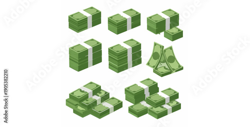 Cartoon dollar banknotes bundles and stacks flat vector illustration set