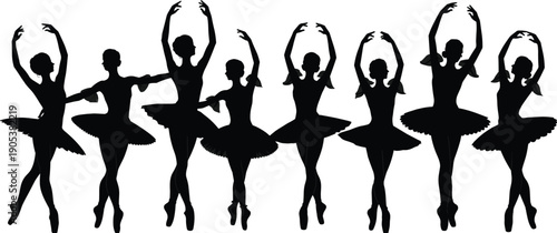 Elegant ballet dancers silhouettes, classical ballerina poses, graceful tutu costumes, dance performance line, artistic movement, theater choreography, flat vector illustration