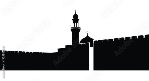 Silhouetted medieval fortress with towers and battlements against a white background