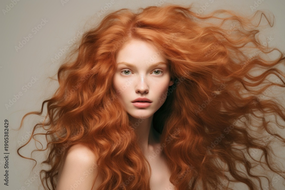 Naklejka premium Studio portrait of beautiful woman with long, luxurious, wavy ginger hair flowing in wind