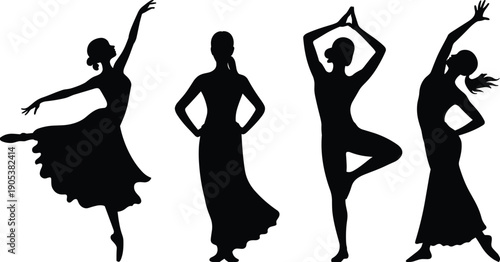 Elegant female dancer silhouette poses, ballet yoga contemporary dance movement collection, graceful woman body shapes isolated on white background