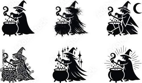Witchy Gravedigger Art Illustration Set, Spooky Halloween Horror Concept, Black Silhouette Vector.