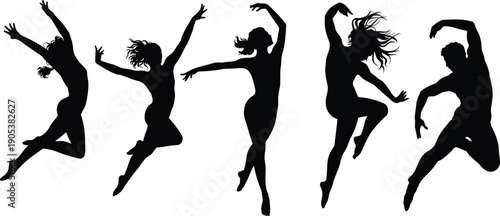 Energetic dance silhouette women, dynamic contemporary movement poses, jumping female dancers expression isolated on white background, flat vector illustration