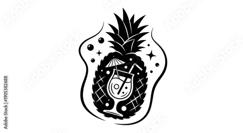 Stylized Pineapple Cocktail Illustration with Tropical Elements.