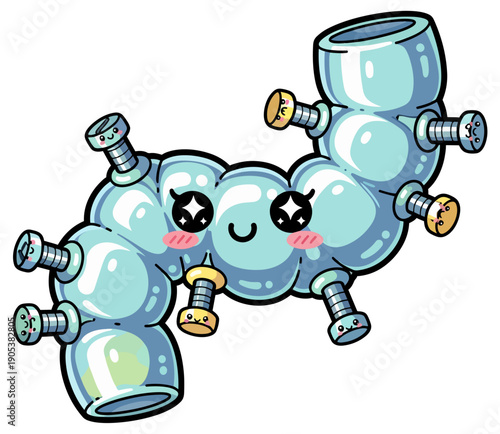 Kawaii Intestine Character Cute Screw Bolts Vector Illustration