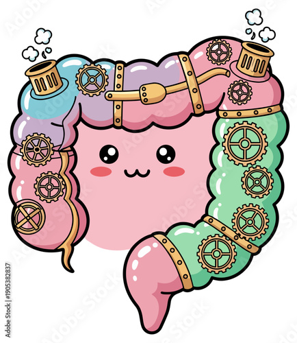Kawaii Steampunk Colon Character Pink Green Blue Digestive Organ Illustration