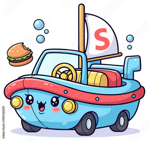 Cute Kawaii Boat Car Hybrid Vehicle Mascot Smiling Cartoon Vector Art