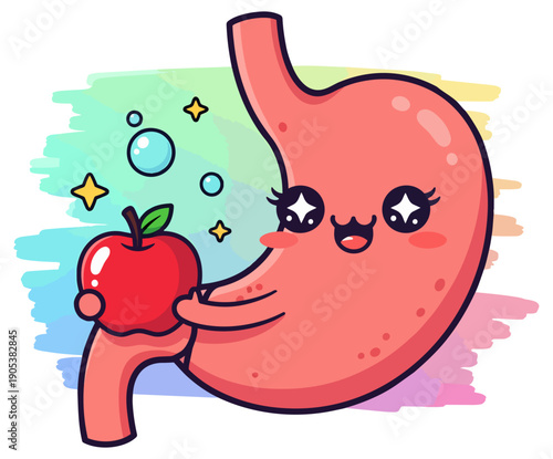 Cute Kawaii Stomach Character Holding Red Apple Good Nutrition Illustration