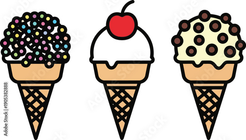 Delicious Ice Cream Cones with Colorful Sprinkles and Toppings