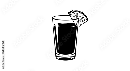 Tall glass of dark beverage with pineapple slice garnish.