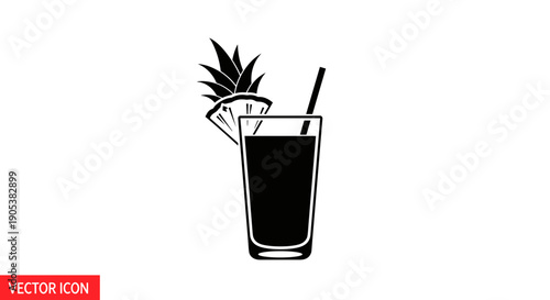 Tall glass of dark liquid with pineapple slice and straw.