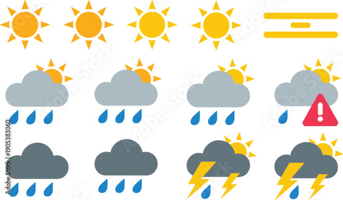 Flat vector weather icon set featuring sun clouds rain storm and warning symbols isolated on white background for meteorology forecast app design