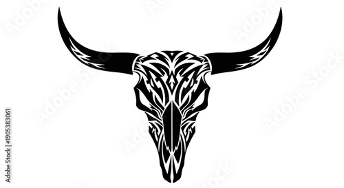 Tribal Bull Skull with Large Horns Vector Art.
