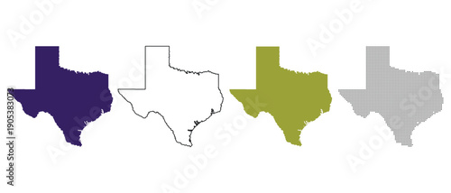 Texas State Outline Variations: Solid Purple, Black Contour, Green, and Halftone Pattern