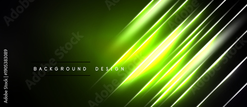 Abstract neon lines over dark background. Bright green glow creates dynamic visual effect. Modern design element for projects.