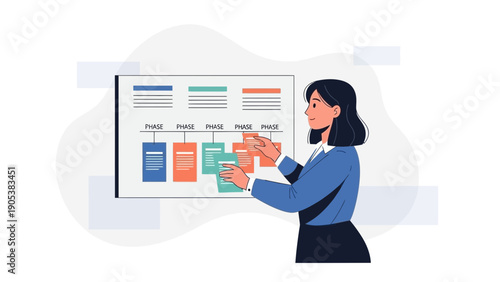 Woman planning project on kanban board, visualizing tasks and phases
