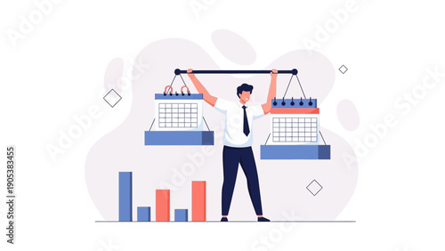 Businessman Balancing Calendars on Scale, Time Management Concept