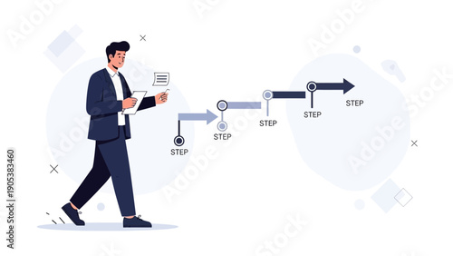 Man Walking Up Steps Towards Business Goal, Planning Strategy, Progress Concept