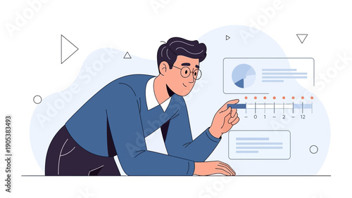 Man analyzing data charts and graphs on screen, business analytics concept illustration